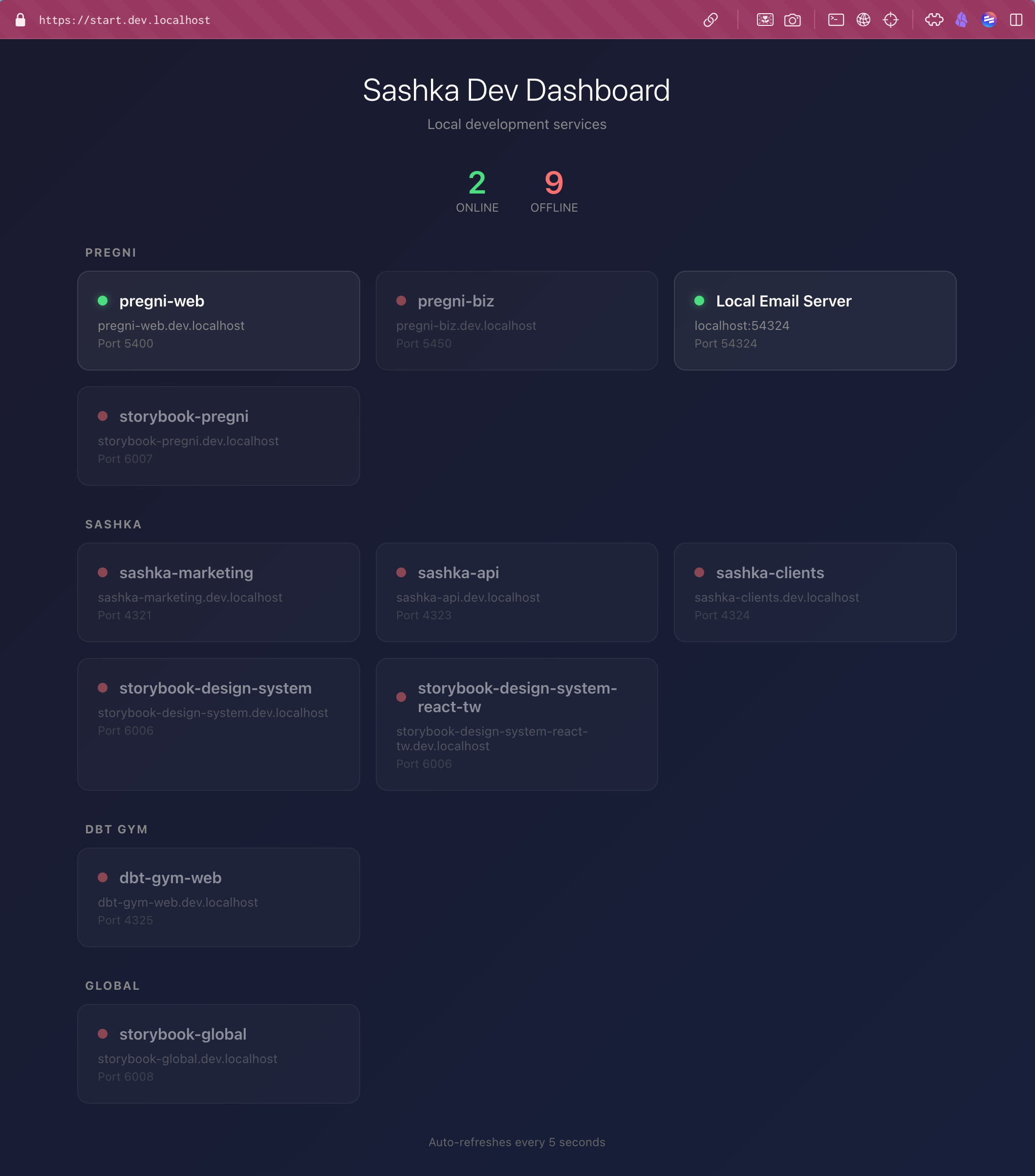 Dev Dashboard showing all local services